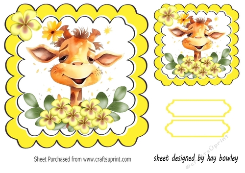 Cute Giraffe With Flowers Yellow Scalloped 7x7 Toppers (one)