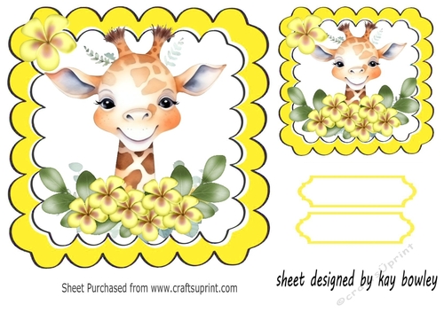 Cute Giraffe With Flowers Yellow Scalloped 7x7 Toppers (two)