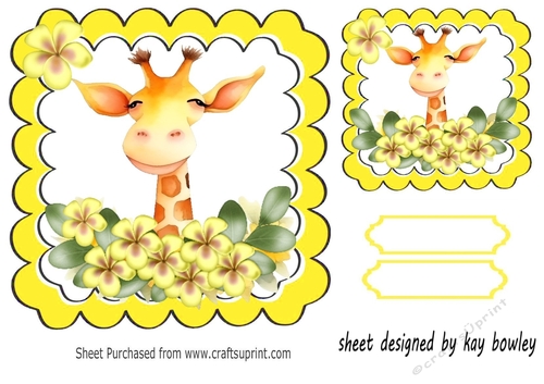 Cute Giraffe With Flowers Yellow Scalloped 7x7 Toppers (three)