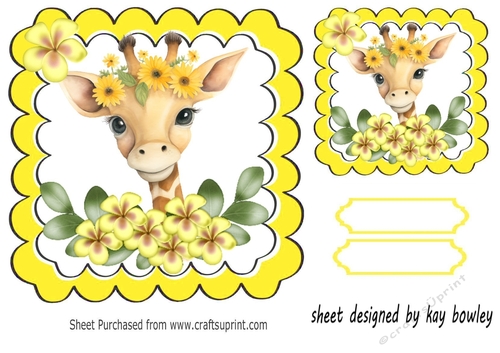 Cute Giraffe With Flowers Yellow Scalloped 7x7 Toppers (four)