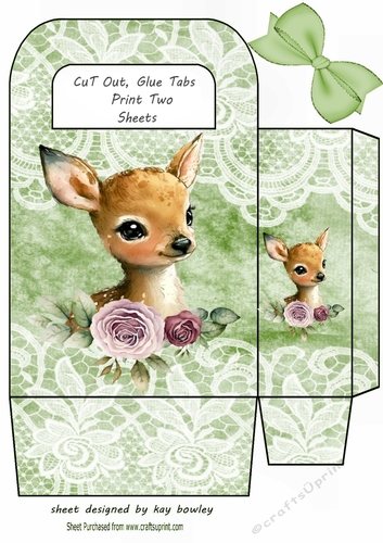Cute Woodland Deer With Lace & Green Bow Gift Bag (four)
