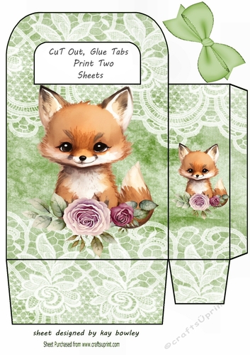 Cute Woodland Fox With Lace & Green Bow Gift Bag (six)