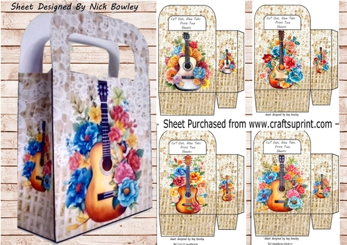  4 Lovely Burlap Lace With Guitar & Roses Gift Bags Mini Kit