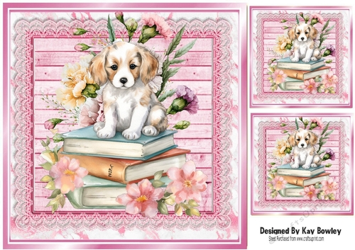 Cute Puppy With Books & Pink Lace With Flowers 8x8 (four)