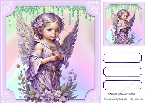 Pretty Angel in Purple Rainbow With Flowers  8X8