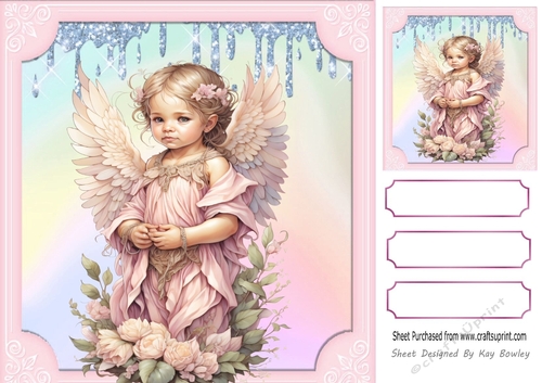 Pretty Angel in Pink Rainbow With Flowers  8X8