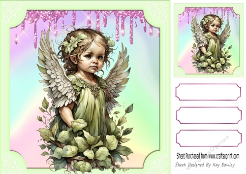 Pretty Angel in Green Rainbow With Flowers  8X8