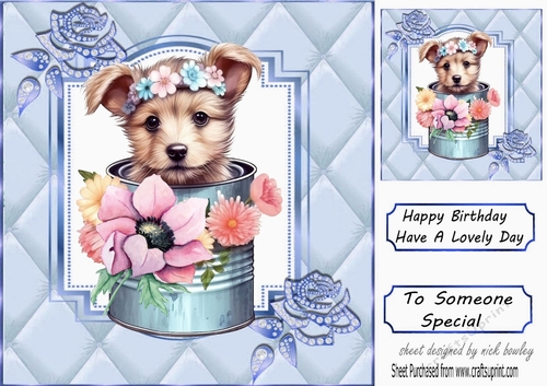 Cute Little Terrier In A  Tin Can With Flowers Blue Ornate 8x8 