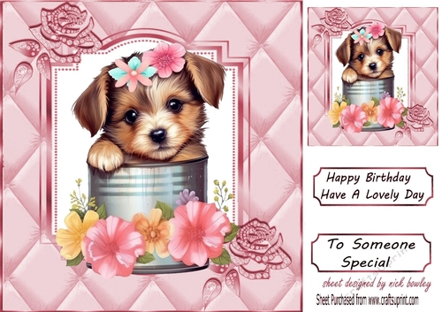 Cute Little Terrier In A  Tin Can With Flowers Pink Ornate 8x8
