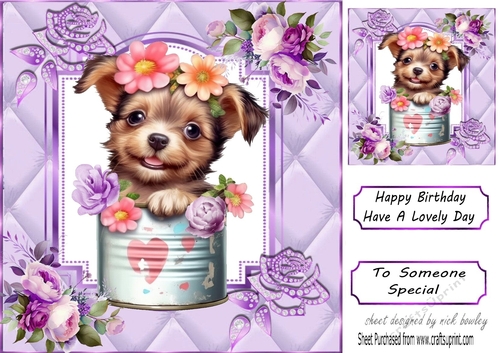 Cute Little Terrier In A  Tin Can With Flowers Purple Ornate 8x8