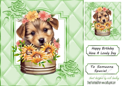 Cute Little Terrier In A  Tin Can With Flowers Green Ornate 8x8