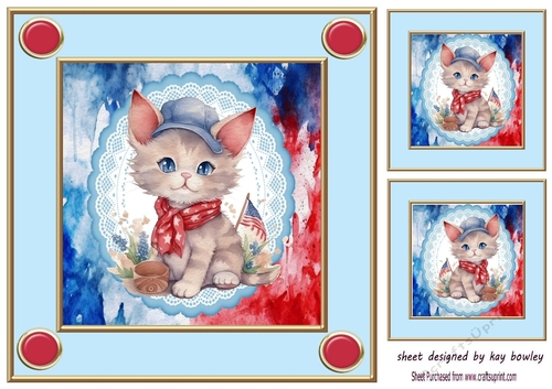 Independance Day July 4th Kitten dressed up 8x8 Card Front (one)