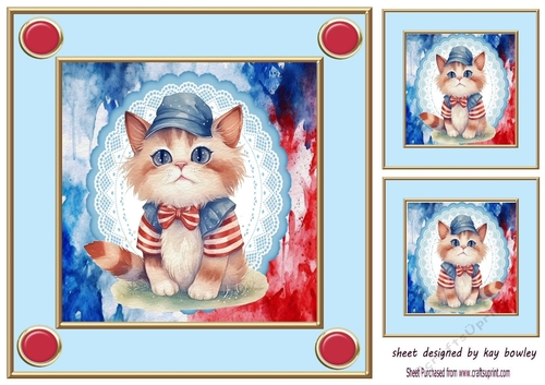 Independance Day July 4th Kitten dressed up 8x8 Card Front (three)