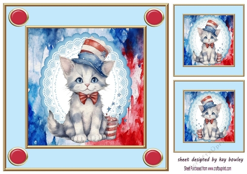 Independance Day July 4th Kitten dressed up 8x8 Card Front (Four)