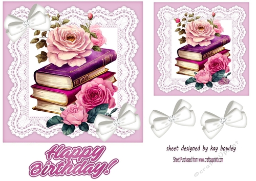 Pretty Pink Roses With Books On Lace 7x7 With Bows (one)