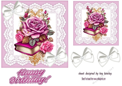 Pretty Pink Roses With Books On Lace 7x7 With Bows (two)