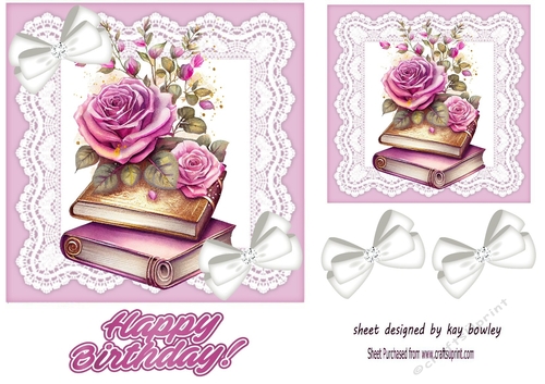 Pretty Pink Roses With Books On Lace 7x7 With Bows (three)