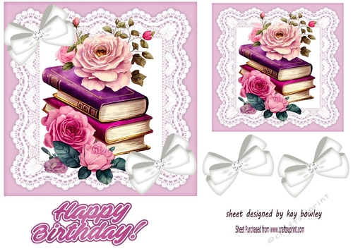 Pretty Pink Roses With Books On Lace 7x7 With Bows (four)