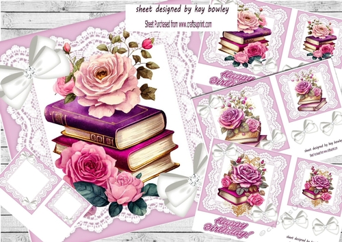  4 Pretty Pink Roses With Books On Lace 7x7 With Bows Mini Kit