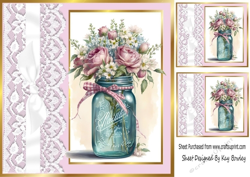 Pretty Jar Of Roses, With Lace & Bow 8x8 (one)