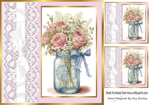 Pretty Jar Of Roses, With Lace & Bow 8x8 (two)