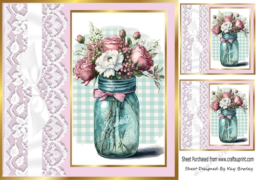 Pretty Jar Of Roses, With Lace & Bow 8x8 (three)