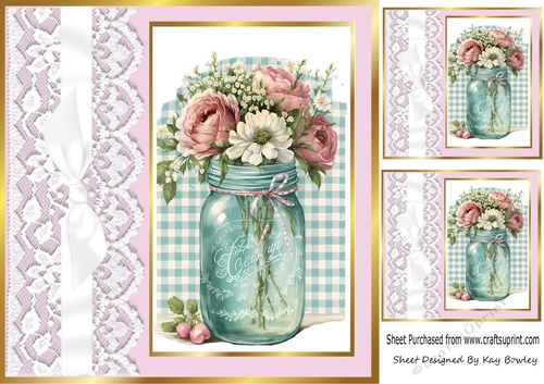 Pretty Jar Of Roses, With Lace & Bow 8x8 (four)
