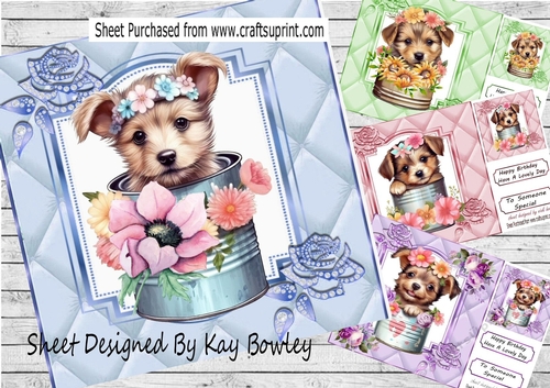  4 Cute Little Terriers  in Tin Cans With Flowers 8x8 Mini Kit