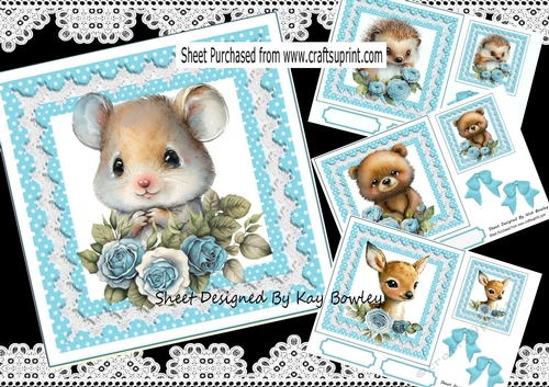  4 Cute Woodland Animals With Blue Polkadot & Bows 7x7 Mini Kit
