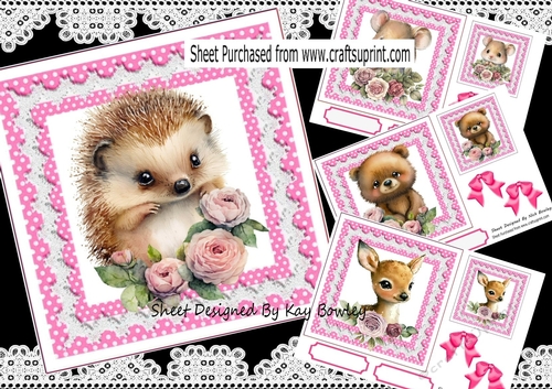 4 Cute Woodland Animals With Pink Polkadot & Bows 7x7 Mini Kit