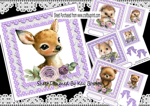 4 Cute Woodland Animals With Purple Polkadot & Bows 7x7 Mini Kit