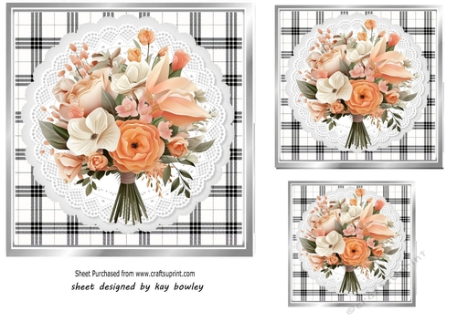 Pretty Bouquet Of Peach Flowers On Lace Black/White 7x7 (Two)