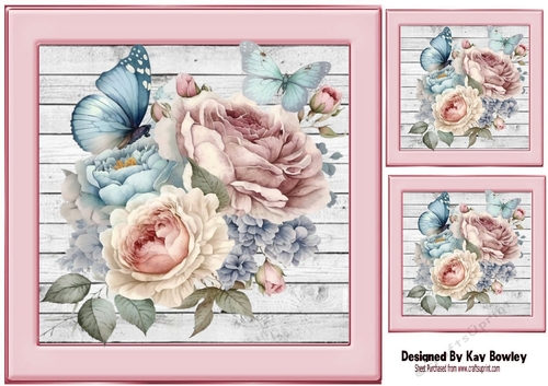 Prettty Pink Flowers, And Roses With Butterflies On Wood  8x8