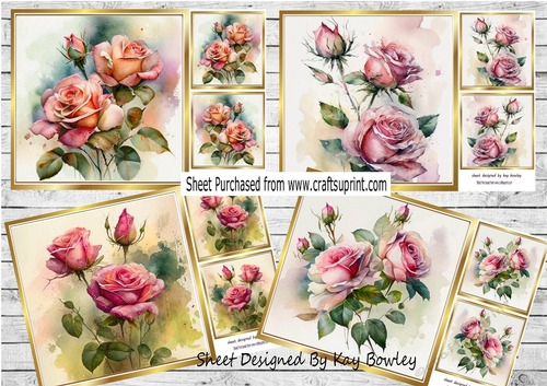  4 Pretty  Shades Of  Pink Roses With Buds 8x8 Cards Mini Kit