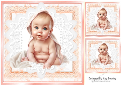 Cute Baby Girl With Smile Peach & White Lace 8x8 Card (Three)