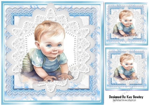 Cute Baby Boy Crawling Blue & White Lace 8x8 