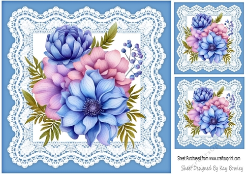 Pretty Blue And Lace With Pink/Blue Flowers 8x8 (Three)