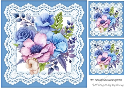 Pretty Blue And Lace With Pink/Blue Flowers 8x8 (Four)