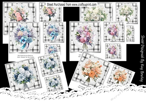 6 Pretty Black/White  Floral Coloured Bouquets On Lace 7x7 Bumper Kit