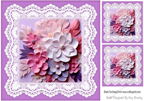 Pretty Lilac And Lace With Pink/Purple  3D Flowers 8x8 (one)