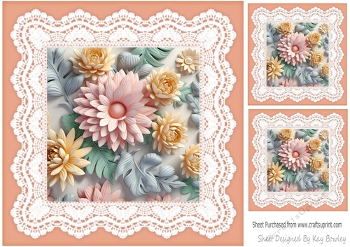 Pretty Peach And Lace With Peach/Pink  3D Flowers 8x8 (Three)