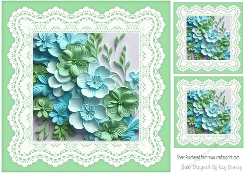 Pretty Green And Lace With Green/Turq  3D Flowers 8x8 (Four)