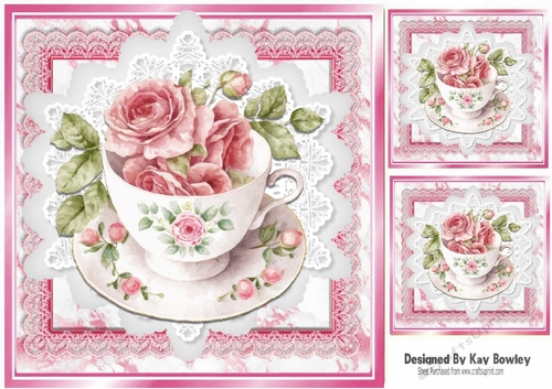 Pretty Teacup Of Pink Roses On Lace 8x8 (one)