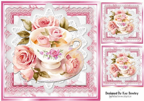 Pretty Teacup Of Pink Roses On Lace 8x8 (Two)