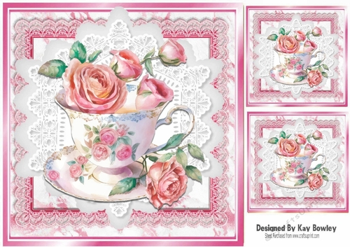 Pretty Teacup Of Pink Roses On Lace 8x8 (Three)