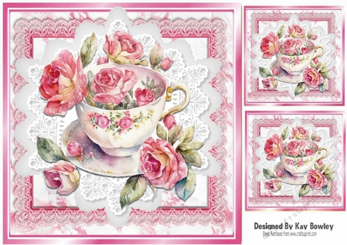 Pretty Teacup Of Pink Roses On Lace 8x8 (Four)