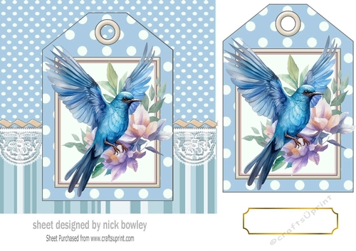 Pretty Bluebird With Flowers On Polkadot Tag 7x7 (one)