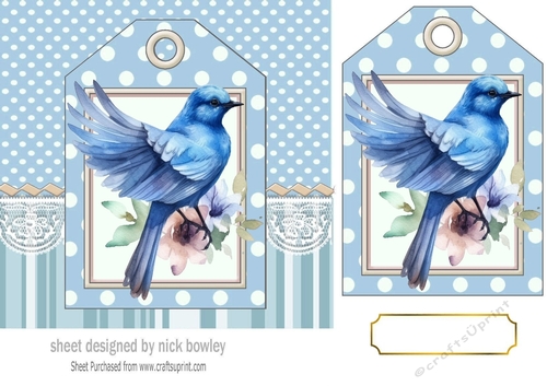 Pretty Bluebird With Flowers On Polkadot Tag 7x7 (Two)