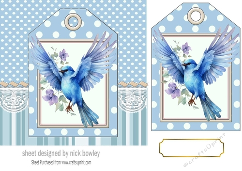 Pretty Bluebird With Flowers On Polkadot Tag 7x7 (Three)