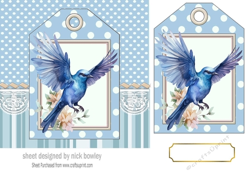 Pretty Bluebird With Flowers On Polkadot Tag 7x7 (FOUR)